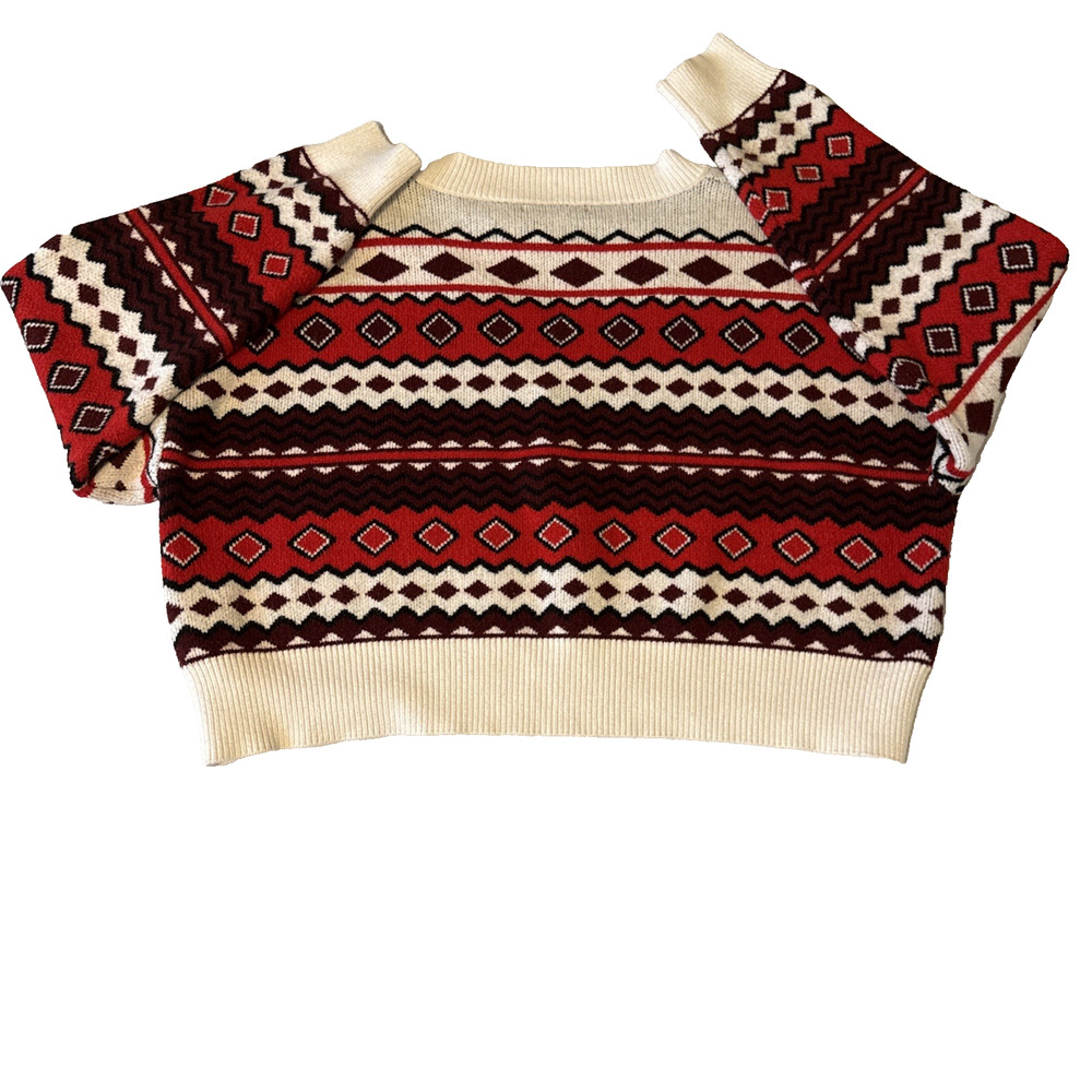 Forever 21 Fair Isle Red Cropped V Neck Knit Sweater Womens M Aztec Boho Holiday - Picture 3 of 11